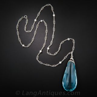 80 Carat Briolette Aquamarine Art Deco Lavaliere Necklace