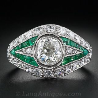 .85 Carat Diamond and Emerald Art Deco Ring