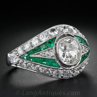 .85 Carat Diamond and Emerald Art Deco Ring