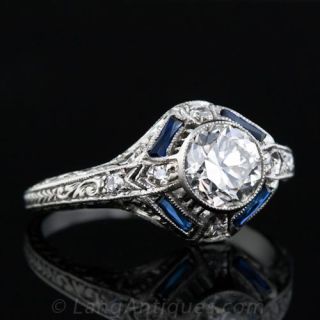 .85 Carat Diamond Art Deco Engagement Ring with Calibre Sapphires