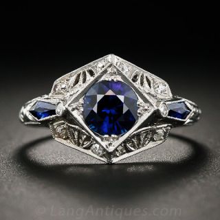 .88 Carat Sapphire Platinum and Diamond Art Deco Ring
