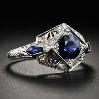 .88 Carat Sapphire Platinum and Diamond Art Deco Ring