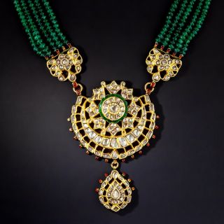 14.50 Carats Rose-Cut Diamond, Emerald and Enamel Mughal Necklace - 1