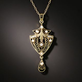 Art Nouveau Seed Pearl and Diamond Necklace - 1