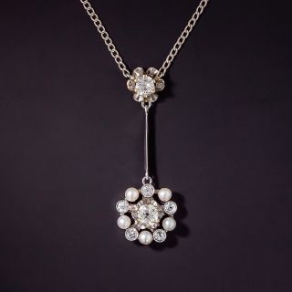 Circa 1920's Diamond and Seed Pearl Drop Necklace - 0