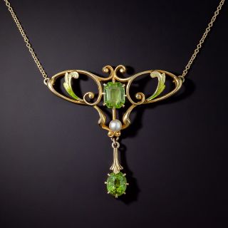 Art Nouveau Enamel, Peridot and Seed Pearl Necklace - 0