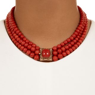 Victorian Revival Triple Strand Red Coral Bead Necklace