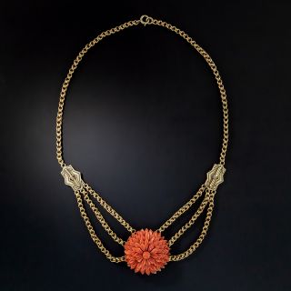 Victorian Triple Chain and Coral Flower Necklace