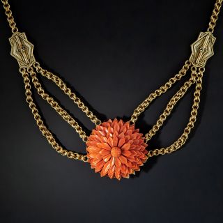 Victorian Triple Chain and Coral Flower Necklace