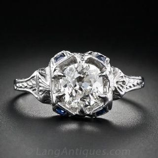 .90 Carat Antique Cushion-Cut  Diamond and Sapphire Ring