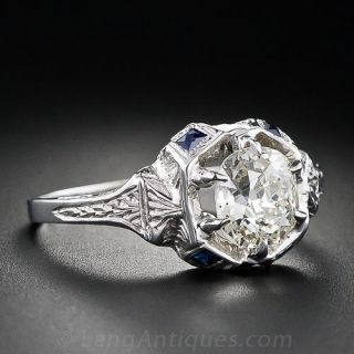 .90 Carat Antique Cushion-Cut  Diamond and Sapphire Ring