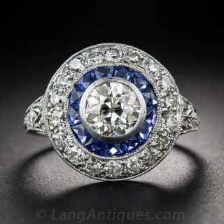 .90 Carat Art Deco Diamond and Calibre Sapphire Ring