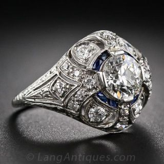 .93 Carat Diamond and Calibre Sapphire Art Deco Ring