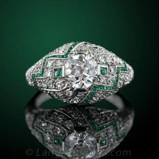 Art Deco Diamond Emerald Engagement Ring