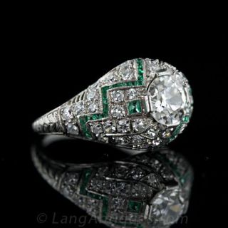 .95 Carat Art Deco Diamond and Calibre Emerald Ring