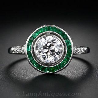 .95 Carat Art Deco Diamond Engagement Ring with Calibre Emeralds 