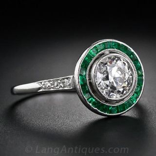 .95 Carat Art Deco Diamond Engagement Ring with Calibre Emeralds 