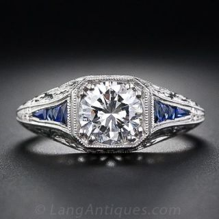 .97 Carat Diamond and Sapphire Art Deco Style Engagement Ring in Platinum