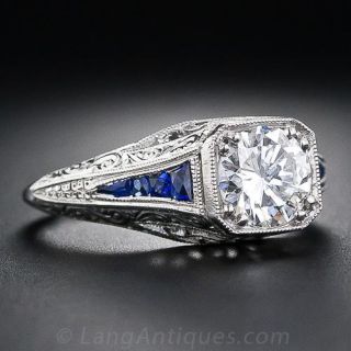 .97 Carat Diamond and Sapphire Art Deco Style Engagement Ring in Platinum