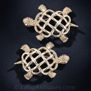A Pair of Mid Century Woven Turtle Brooches