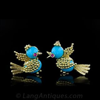 A Pair of Turquoise Bird Pins Main View