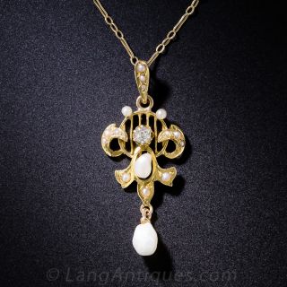 American Art Nouveau Pearl and Diamond Pendant