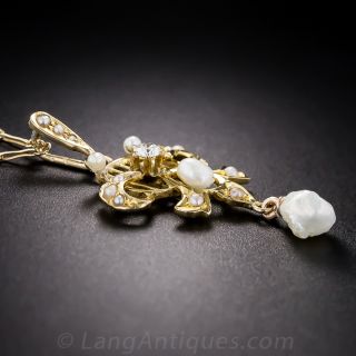 American Art Nouveau Pearl and Diamond Pendant