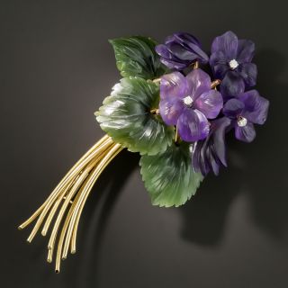 Amethyst and Nephrite Jade Flower Brooch  - 2