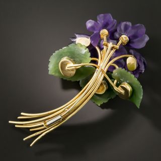 Mid-Century Amethyst and Nephrite Jade Flower Brooch 