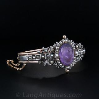 Amethyst Cameo and Pearl Antique Cuff Bracelet