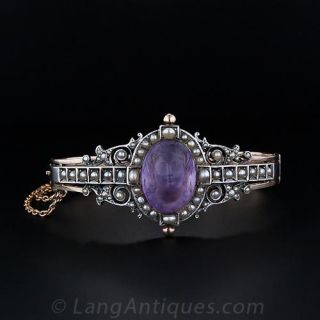 Amethyst Cameo and Pearl Antique Cuff Bracelet