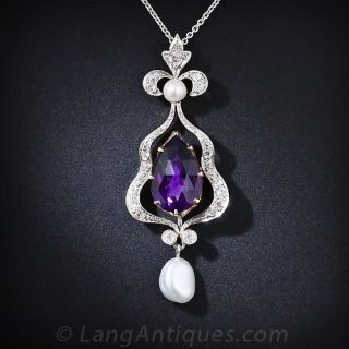 Amethyst, Diamond and Pearl Pendant