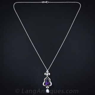 Amethyst, Diamond and Pearl Pendant