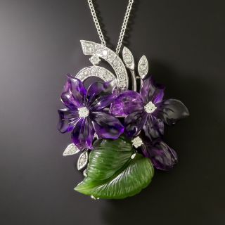 Amethyst Flowers and Nephrite Leaf Diamond Necklace/Brooch - 2