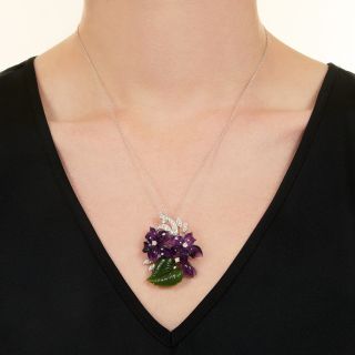 Amethyst Flowers and Nephrite Leaf Diamond Necklace/Brooch
