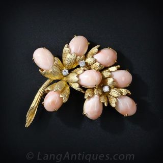 Angel Skin Coral and Diamond Brooch