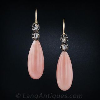 Angel Skin Coral and Rose-Cut Diamond Drop Earrings