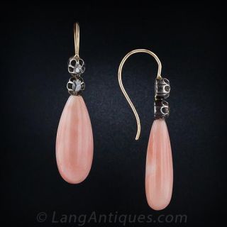 Angel Skin Coral and Rose-Cut Diamond Drop Earrings