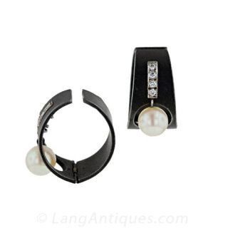 Anodized Steel, Pearl and Diamond earrings by Marsh