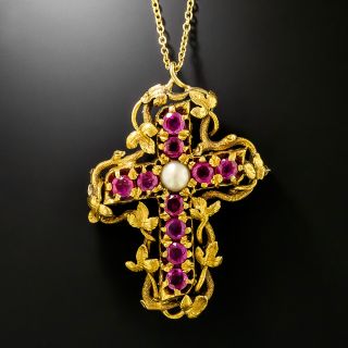 Antique 18K Ruby and Natural Pearl Cross Pendant/Brooch - 2