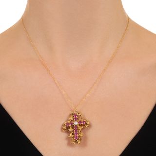 Antique 18K Ruby and Natural Pearl Cross Pendant/Brooch