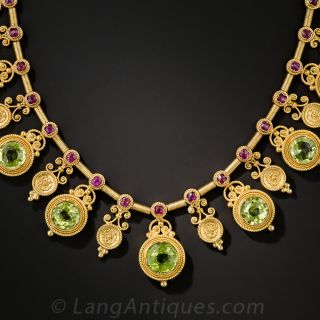  Antique 22K Etruscan Revival Peridot and Ruby Necklace by Marchesini