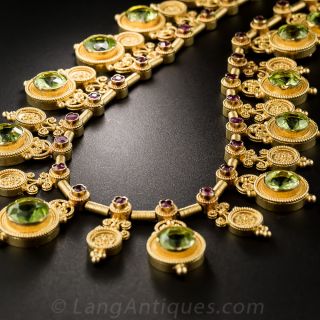  Antique 22K Etruscan Revival Peridot and Ruby Necklace by Marchesini