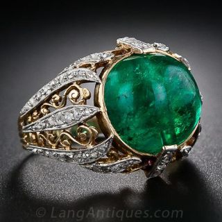 Antique 9.00 Carat Cabochon Emerald and Diamond Ring - 1