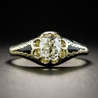 Antique .90 Carat Old Mine-Cut Diamond Black Enamel Solitaire - 1