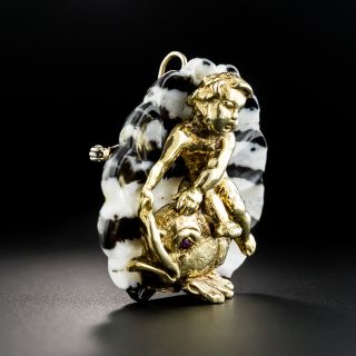 Antique Agate Cherub and Fish Brooch/Pendant
