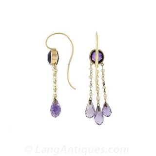 Antique Amethyst and Seed Pearl Drop Earrings