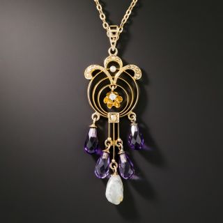 Antique Amethyst Briolette and Freshwater Pearl Lavalière Necklace - 2