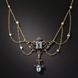 Antique Aquamarine and Pearl Swap Necklace, Circa 1900 - 2