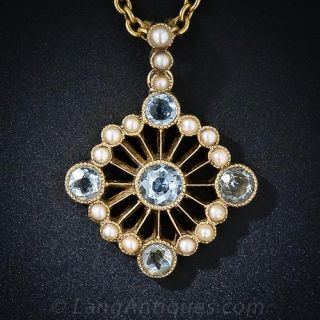 Antique Aquamarine and Seed Pearl Necklace